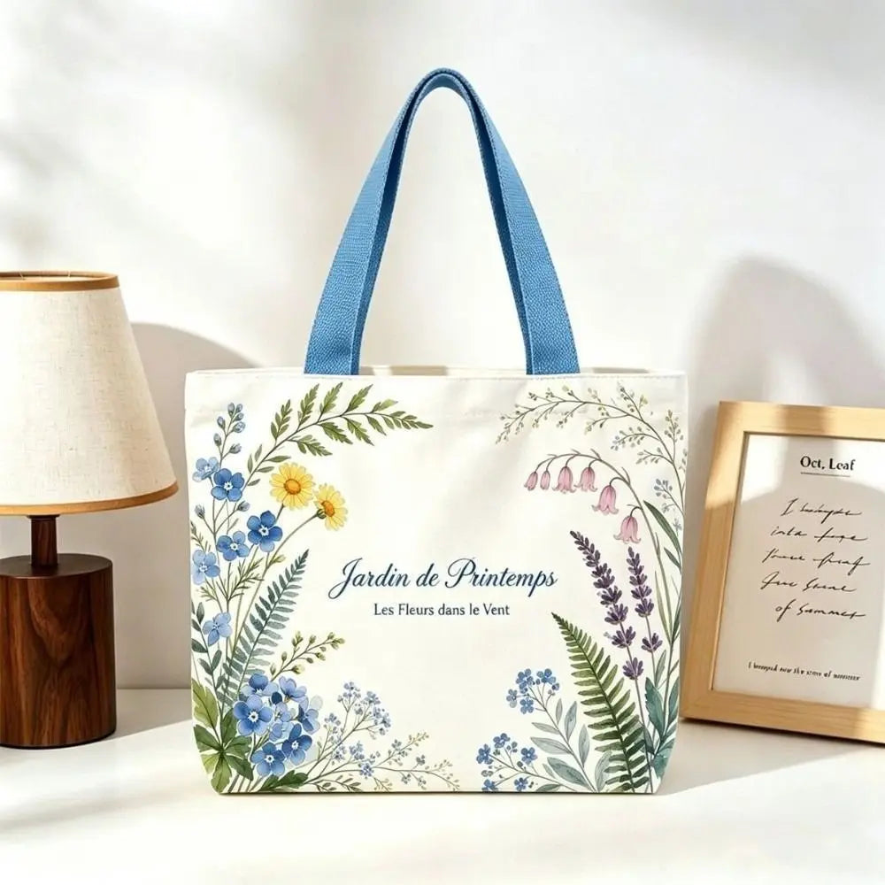 Durable Canvas Tote Bag Open Floral Lemon Print Commute Large