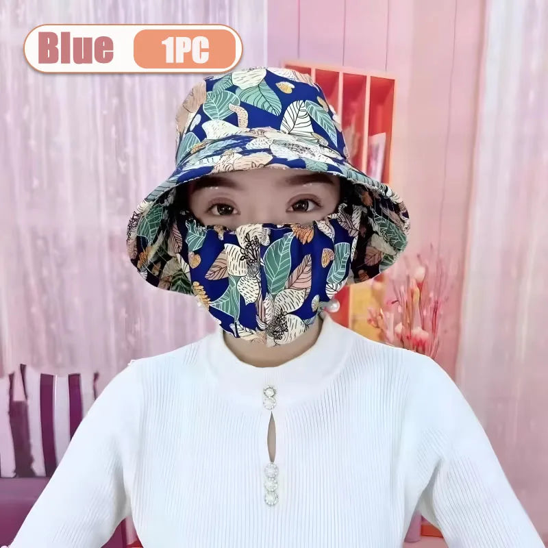 1-2PCS Women‘s Sun Hat with Face Mask Floral Leaf Pattern Wide Brim UV Protection for Outdoor Hiking Gardening Beach Vue Blue-1PC