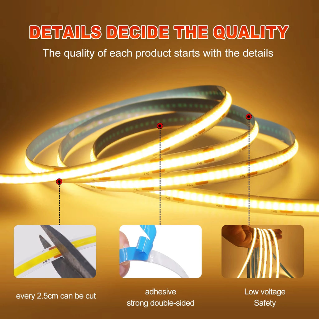COB LED Ribbon Tape 5V USB Flexible Linear Lighting Touch Control Dimmer Self-Adhesive Strip for Household Indoor Decor Lamp Vue