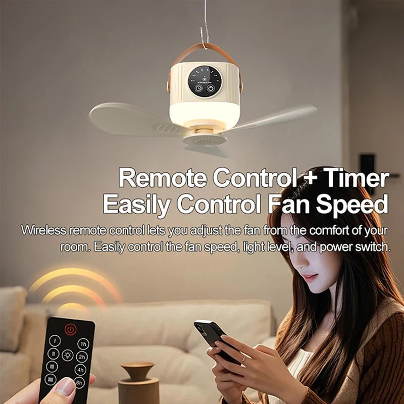 7200mAh Portable Rechargeable Ceiling Fan Wireless USB Hanging Fan Night Light for Student Dorm Bed Outdoor Camping Vue