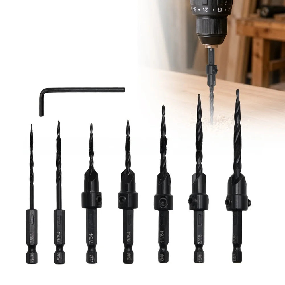 7-Piece Tapered Countersink Drill Bit Set | Hex Shank & Depth Stop Countersink Drill Set Vue
