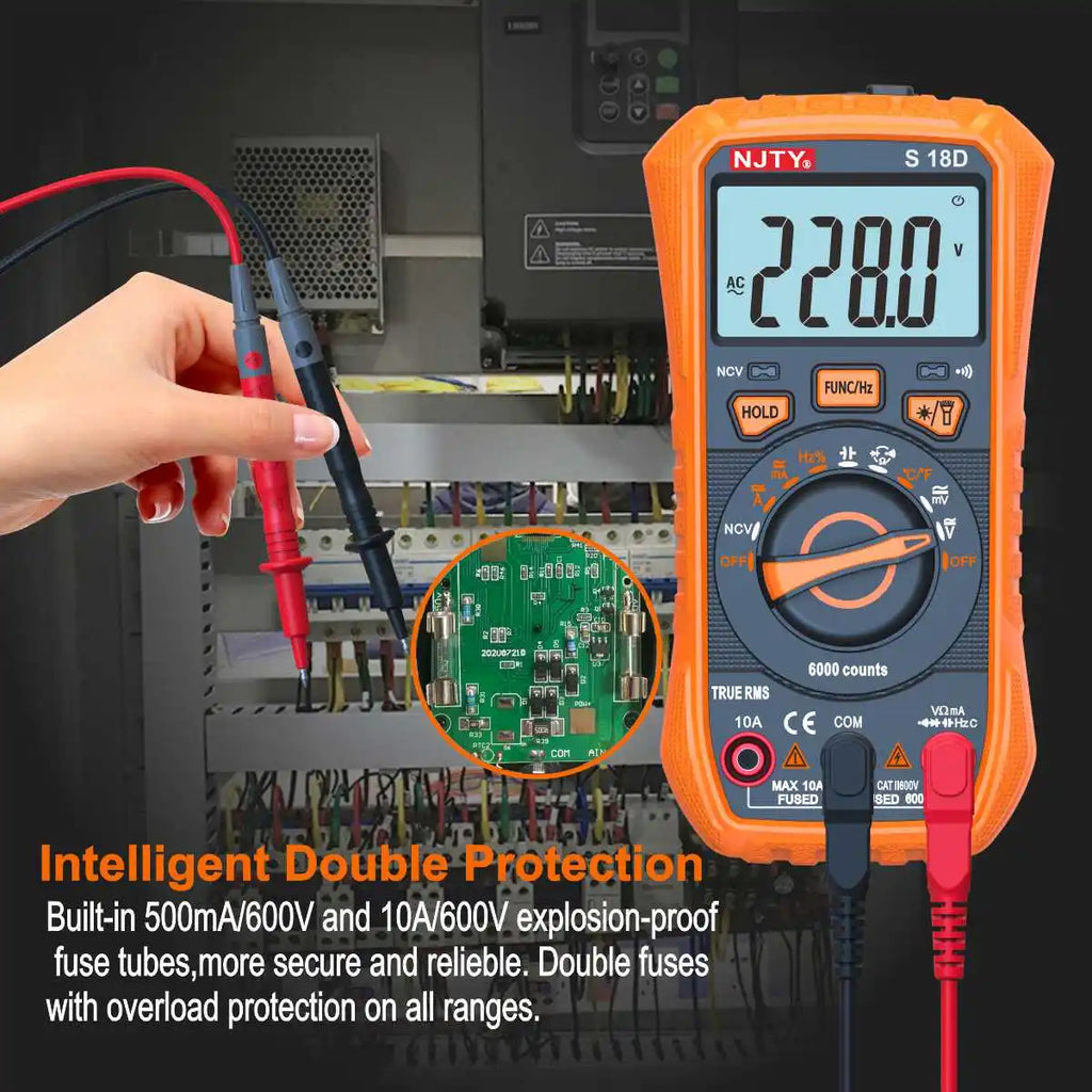 NJTY S18D/A Digital Multimeter Handheld Voltmeter Capacitance Resistance Diode Temperature Tester Backlit LCD AUTO Range AC/DC Vue
