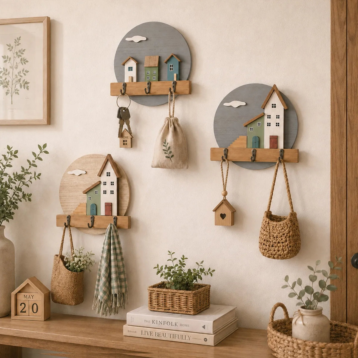 Wooden Wall Hanging Hook, No Punching Entrance Key Storage Rack, Modern and Simple Nordic Style Coat and Hat Rack Vue