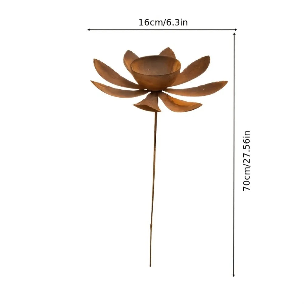 Flower Shape Metal Garden Birdbath Iron Art Rusty Bird Water Dispenser Handmade Ground Insert Bird Feeder Standing Vue