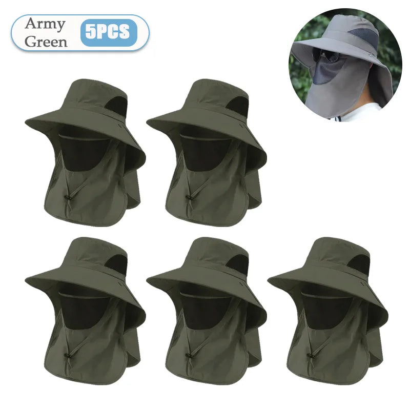 Men‘s Outdoor Fishing Sun Hat with Mosquito Net Face Veil Neck Flap Summer UV Protection Wide Brim Fisherman Cap Vue Army Green-5PCS
