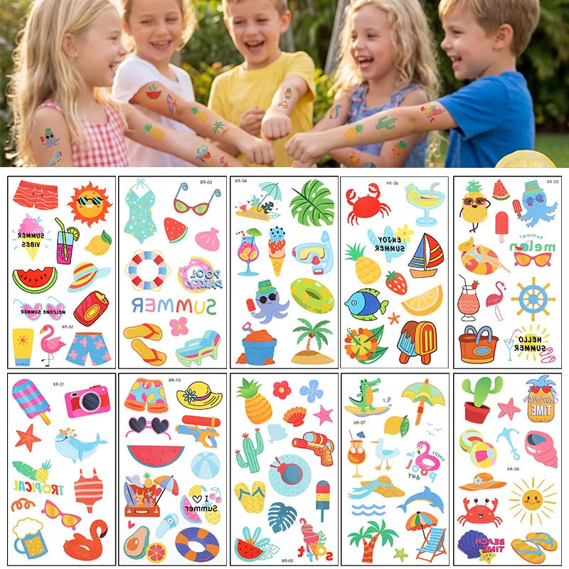 10 pieces of temporary summer party tattoo stickers, featuring Hawaiian tropical cartoon style, made of paper, suitable for deco Vue