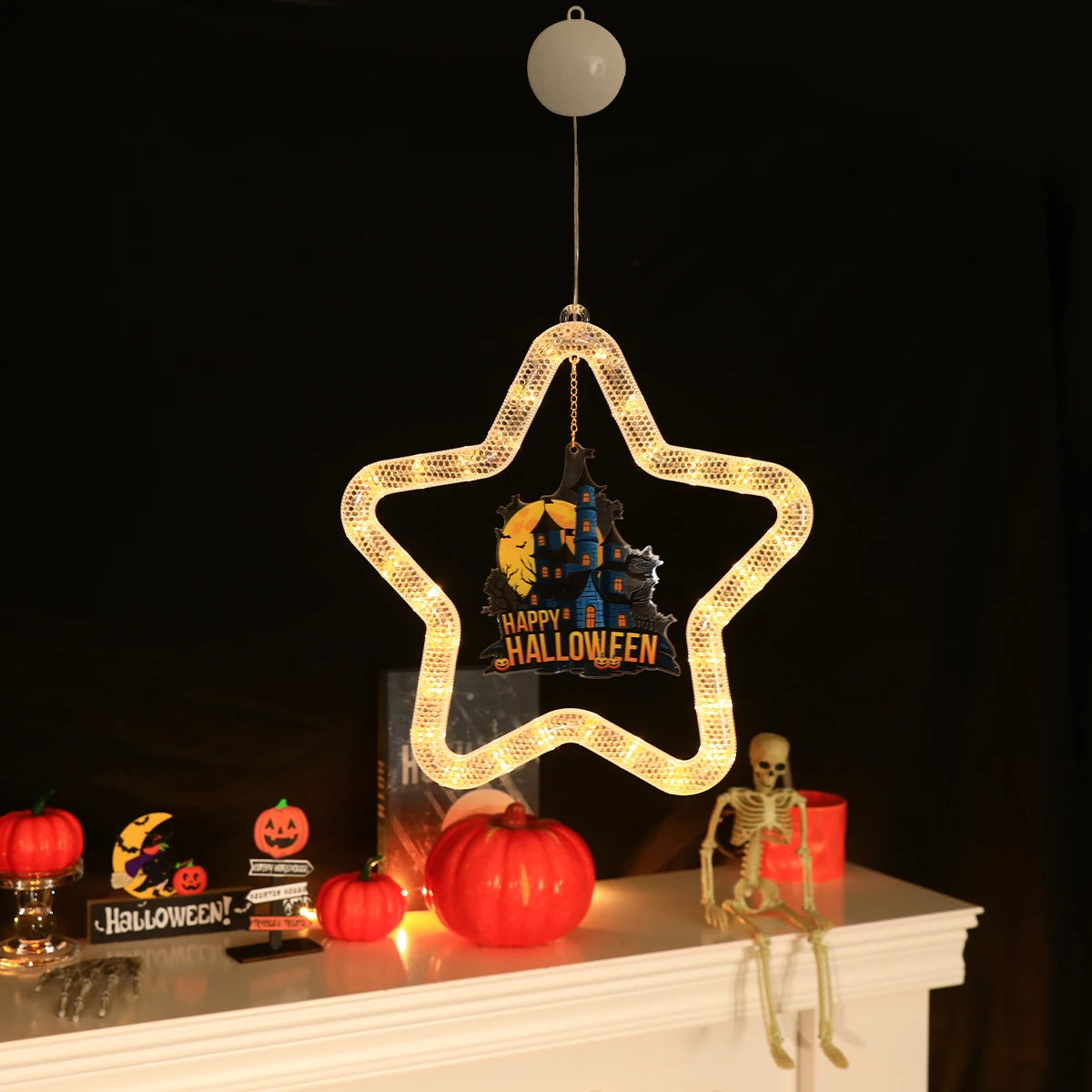 Warm White Star Shaped Halloween Window LED Light, Suction Cup Decor Lamp for Indoor Wall Home Halloween Party Decoration Vue