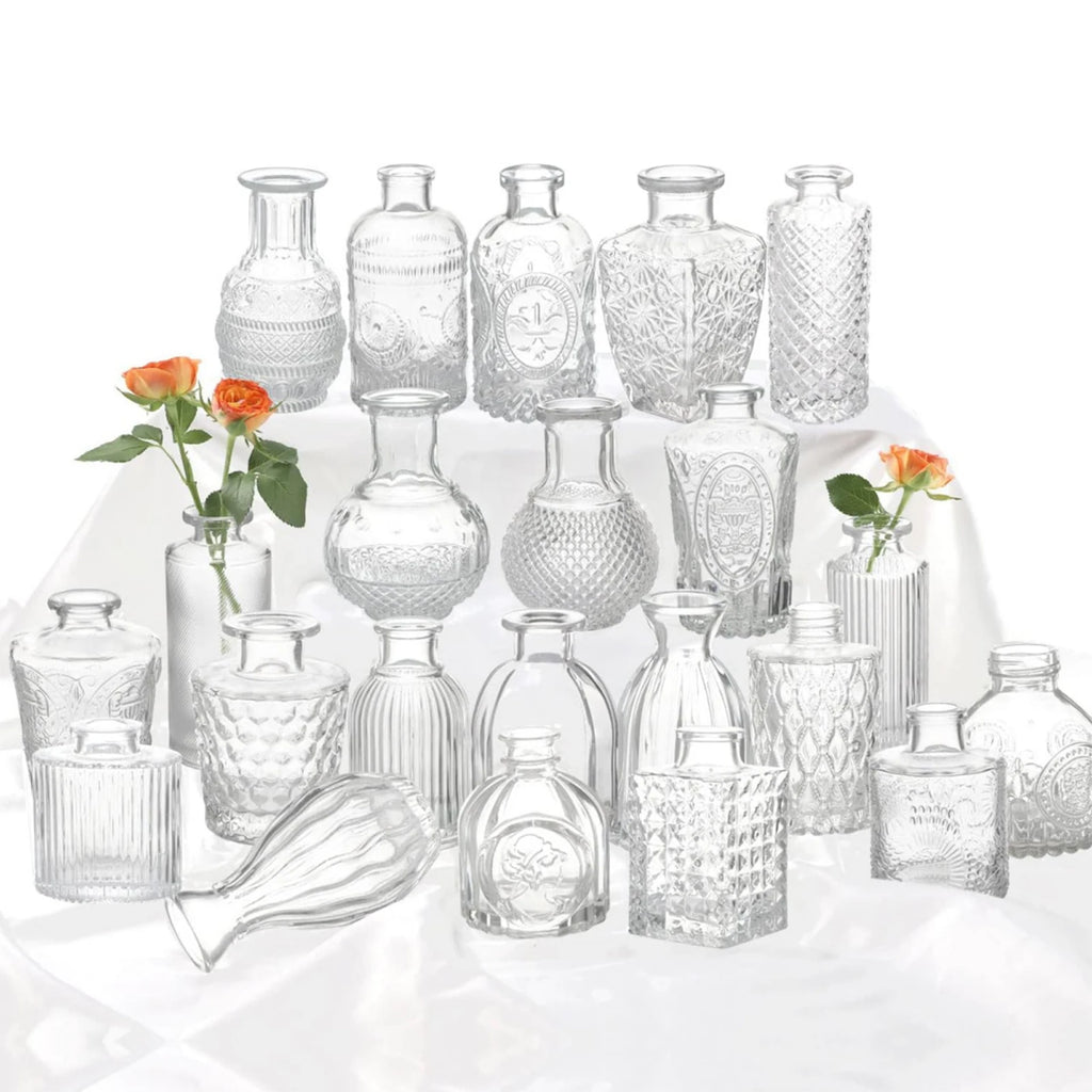40PCS French Retro Relief Mini Glass Vase Simple Desktop Decor Bottle Transparent Striped Flower Vases Home Office Decoration Vue