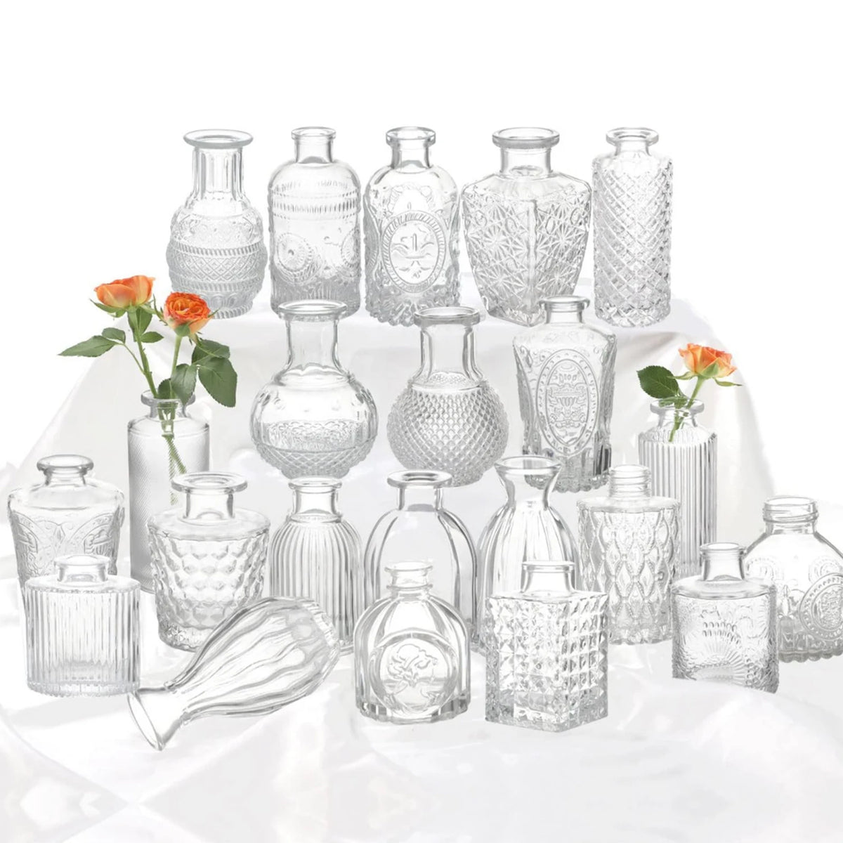 40PCS French Retro Relief Mini Glass Vase Simple Desktop Decor Bottle Transparent Striped Flower Vases Home Office Decoration Vue