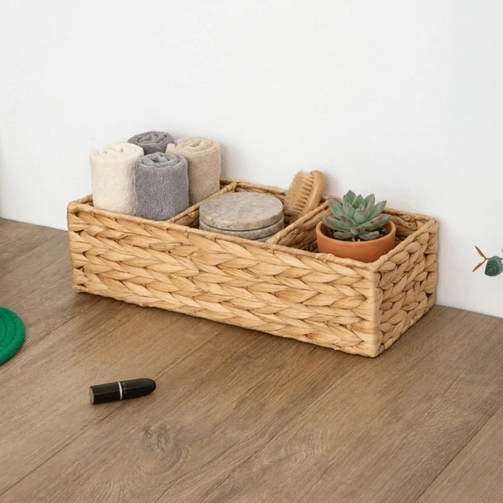 3-Section Storage Box Multi-Purpose Decorative Woven Storage Basket Large Capacity Space Saving Desktop Organizer Home Bedroom Vue