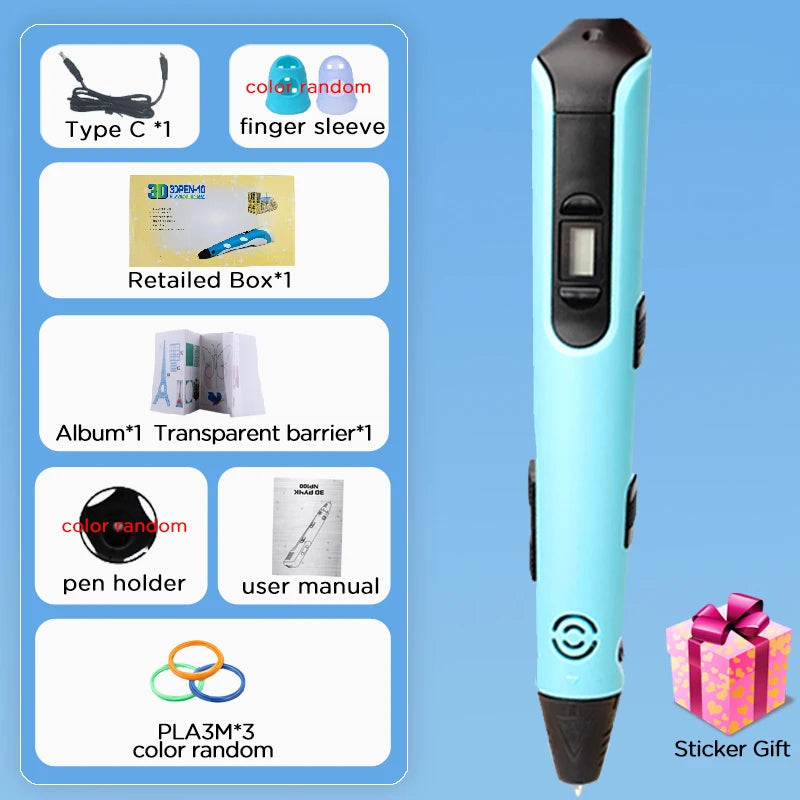 New 3D Printing Pen LCD Display Screen 1.75mm ABS / PLA Filament Kids DIY Drawing Pen Boy and Girls Christmas Birthday Gifts Vue Blue-9M PLA