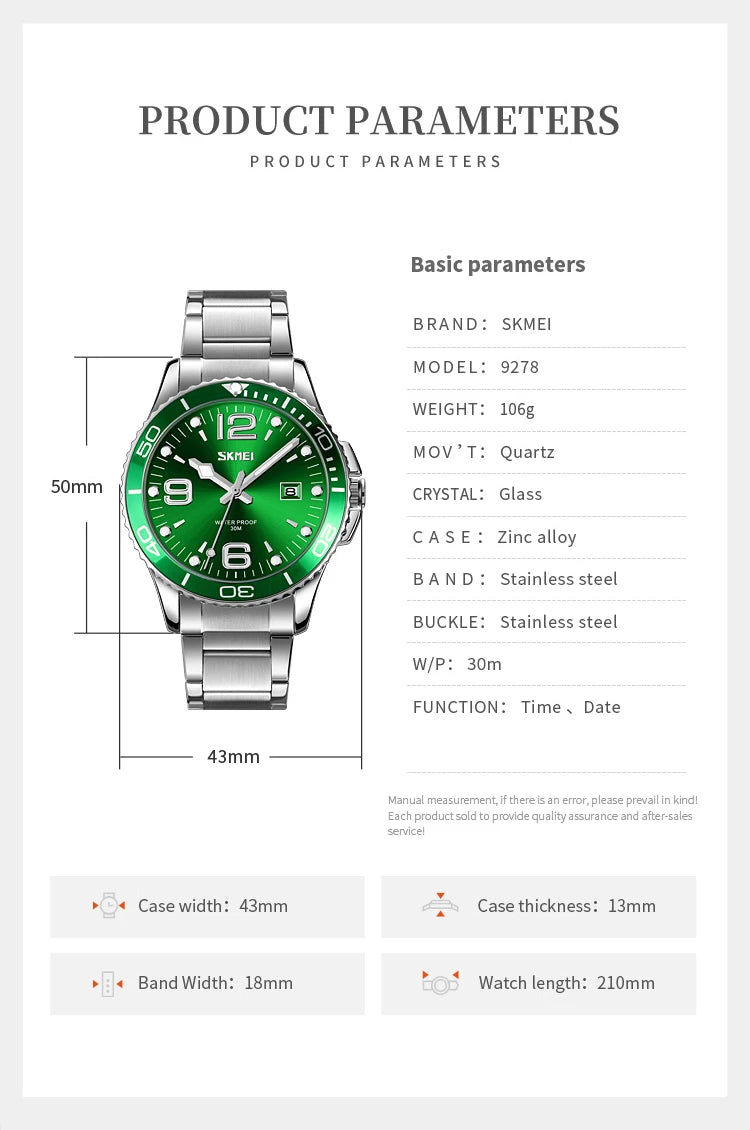 SKMEI 9278 Men's Stainless Steel Quartz Watch | Date & Week Men's Quartz Watch Vue