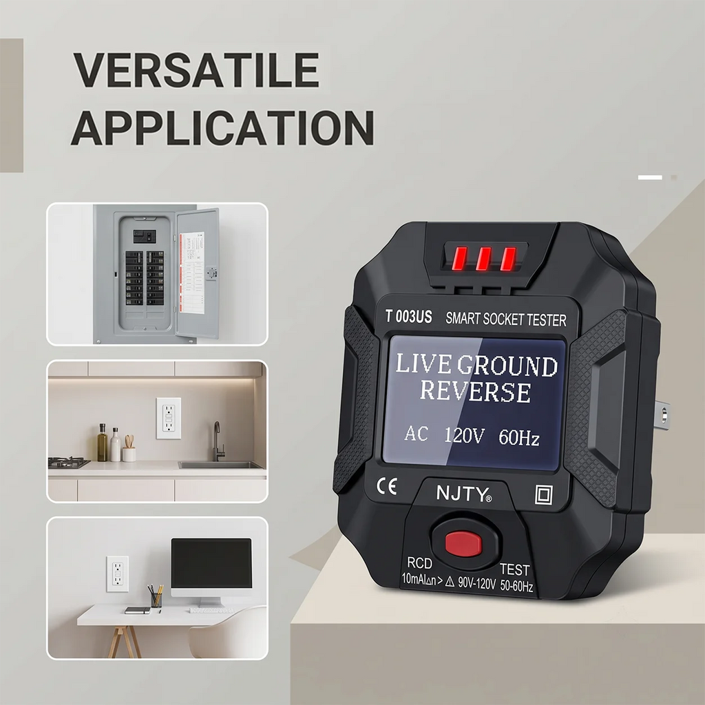 NJTY T003 US Plug Digital LCD Socket Outlet Voltage Tester Wiring Fault Detector RCD Test Polarity Ground Neutral Check 90V-250V Vue