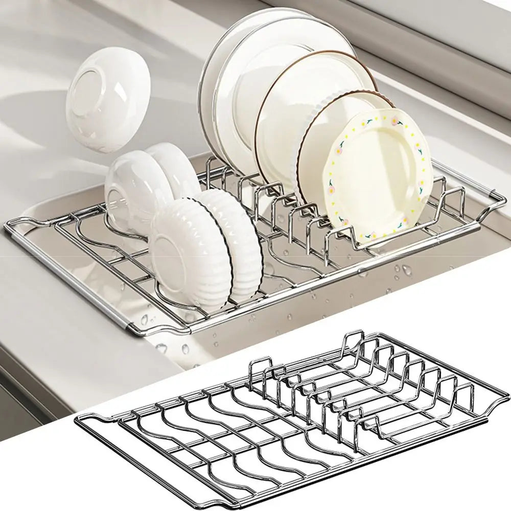 Stainless Steel Expandable Dish Rack Rustproof Non-slip Kitchen Sink Organizer Rectangular Multifunctional Bowl Drain Shelf Vue