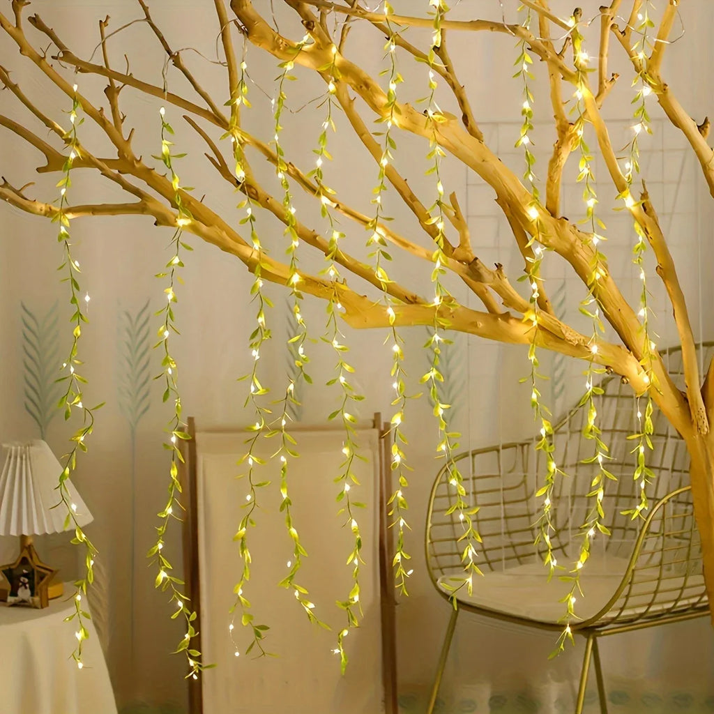 2 M 20 Light Always on Battery Box Willow Curtain Lamp Decorative Light String Imitation Leaf Wrought Iron Basket Copper Wire Vue