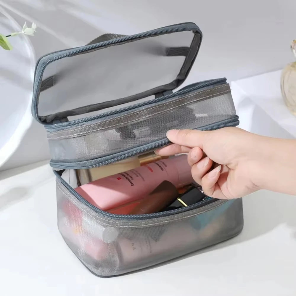 Dual Openings For Large Capacity, Double-Layer Handheld Mesh Storage Bag, Soft Material Resists Deformation, Transparent And Vis Vue A0567-Grey 1PCS