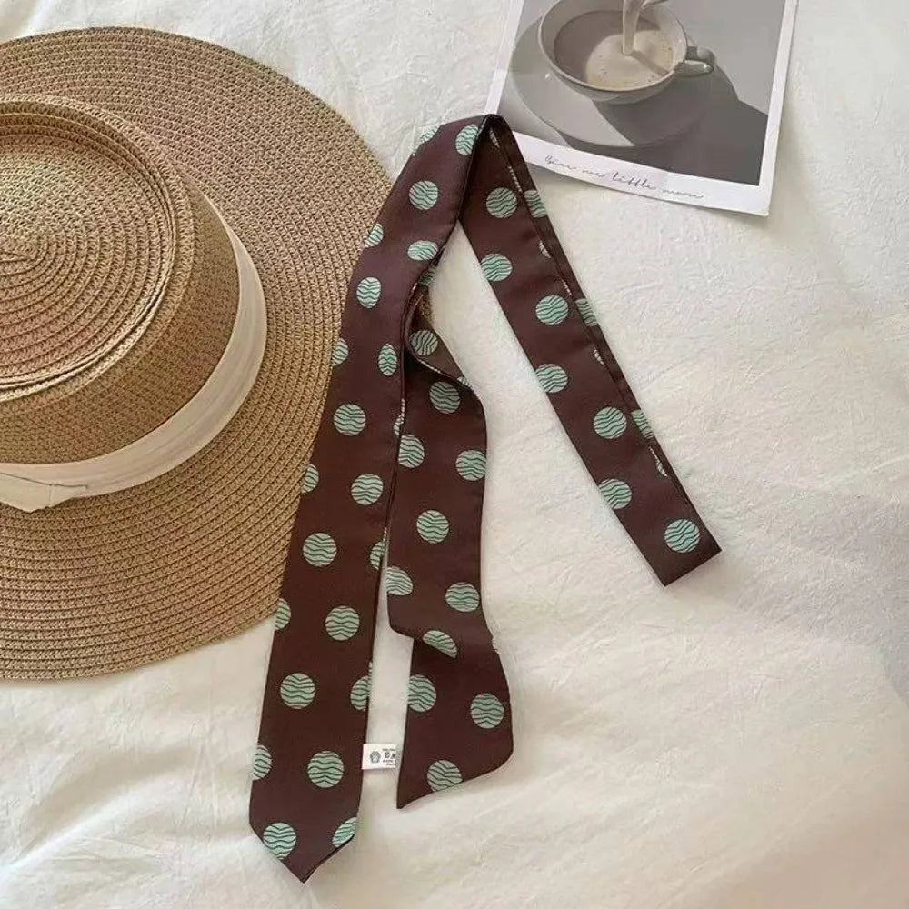 Vintage Polka Dot Long Narrow Scarf Striped Print Grid Chiffon Neck
