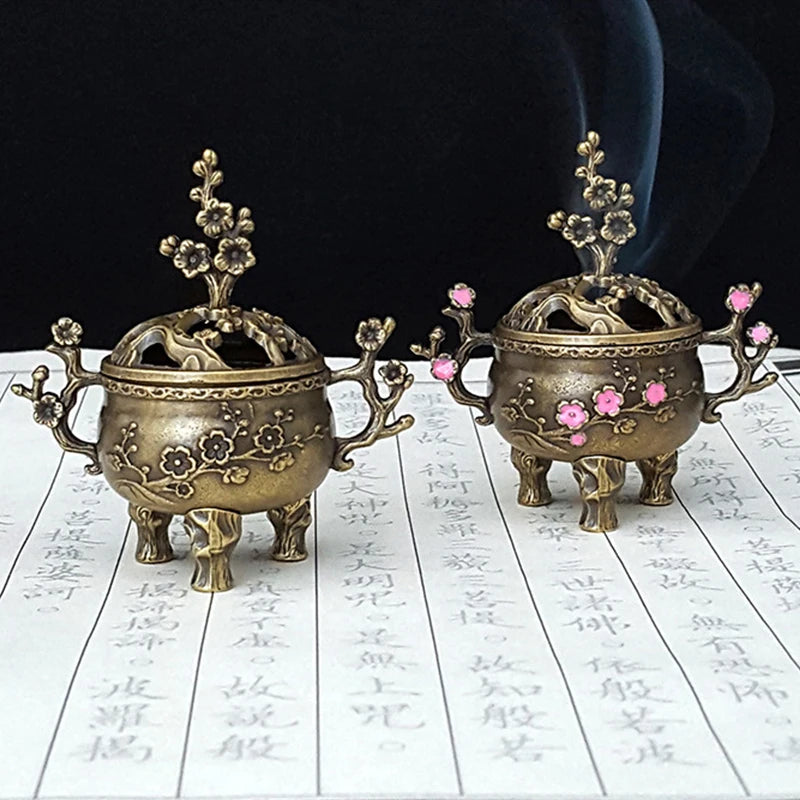 Mini Plum Blossom Lucky Incense Burner Metal Lotus Incense Burner Bowl Incense Holder With Handle Yoga Meditation Home Decor Vue