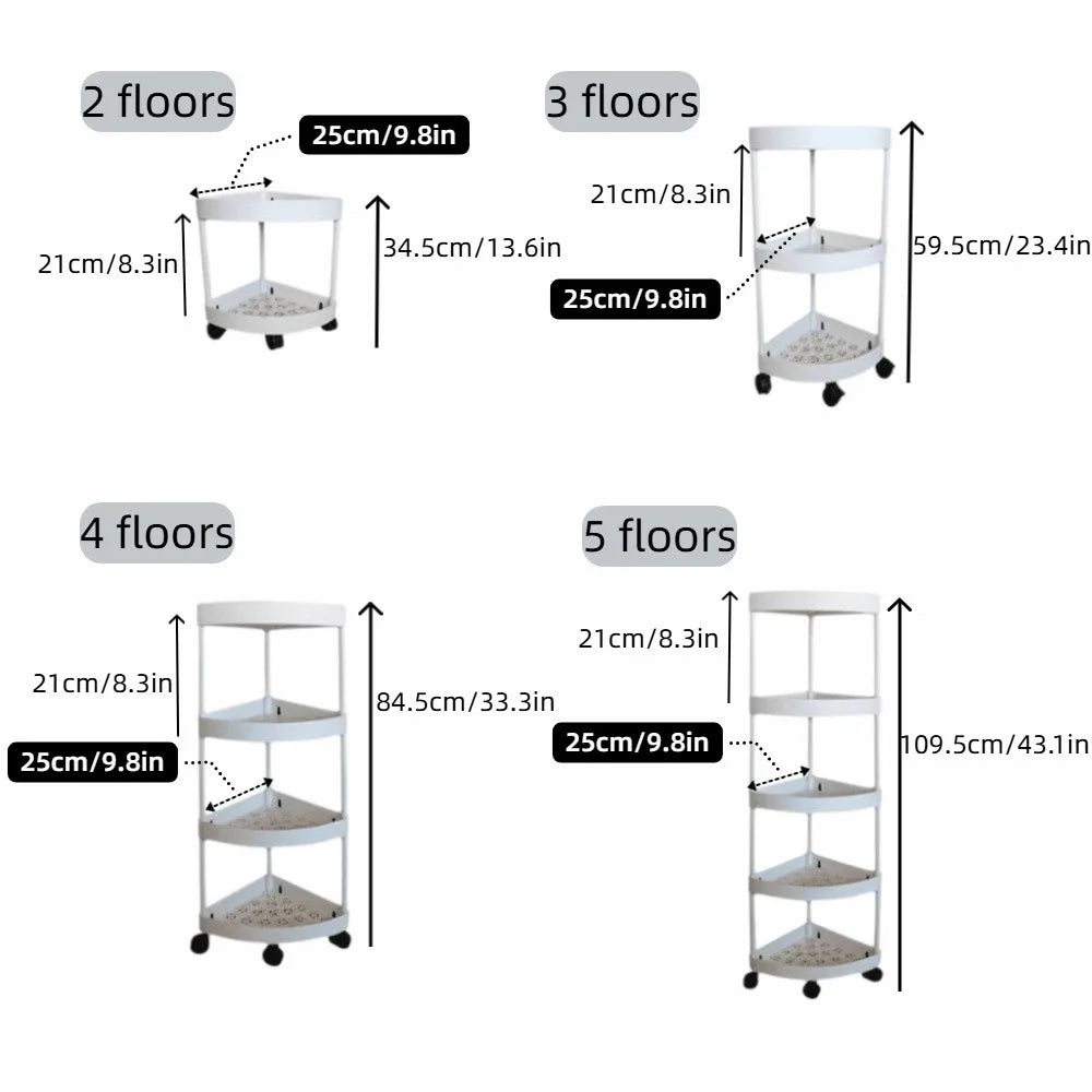 Multi-Tier Corner Storage Rack with Wheels Large Capacity Mobile Storage Rack Space-Saving Detachable Tiers Vue