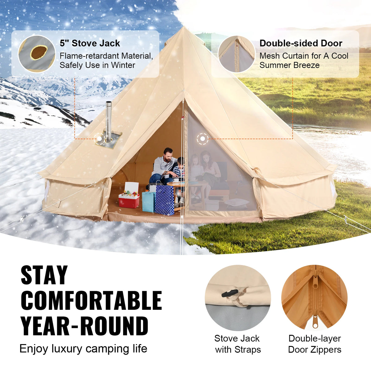 Canvas Bell Tent 4-Season Yurt 3–7m | Stove Jack | Sleeps 8 Canvas Bell Tent Vue