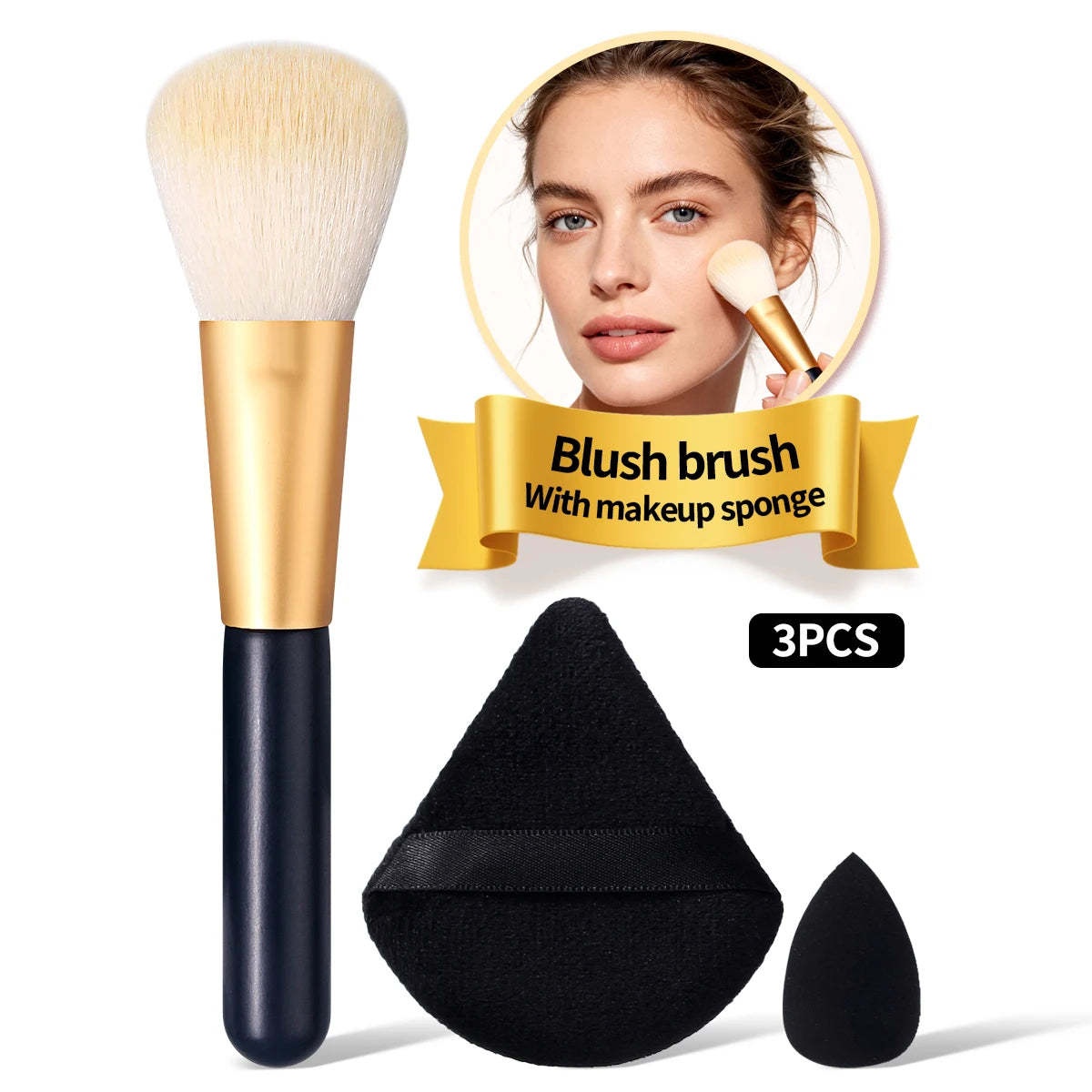 3PCS Makeup Tool Set Blush Brush Triangle Powder Puff Cosmetic Sponge Dry Wet Dual Use Foundation Blending Make Up Accessories Vue black