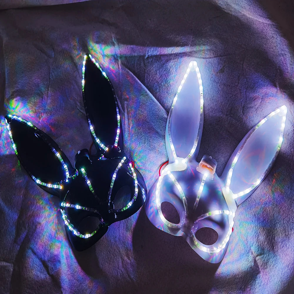 Halloween LED Light up Bunny Mask Mixed Colours Double Cross Eyes Cute Plush Bunny Party Spoof Mask Photo Props for Halloween Vue