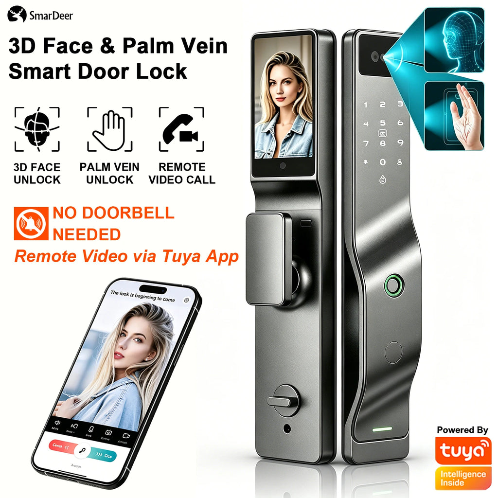 SmarDeer 3D Face Palm Vein Smart Lock Biometric Fingerprint Door Lock APP Remote Temporary Password Keyless Entry Home Security Vue