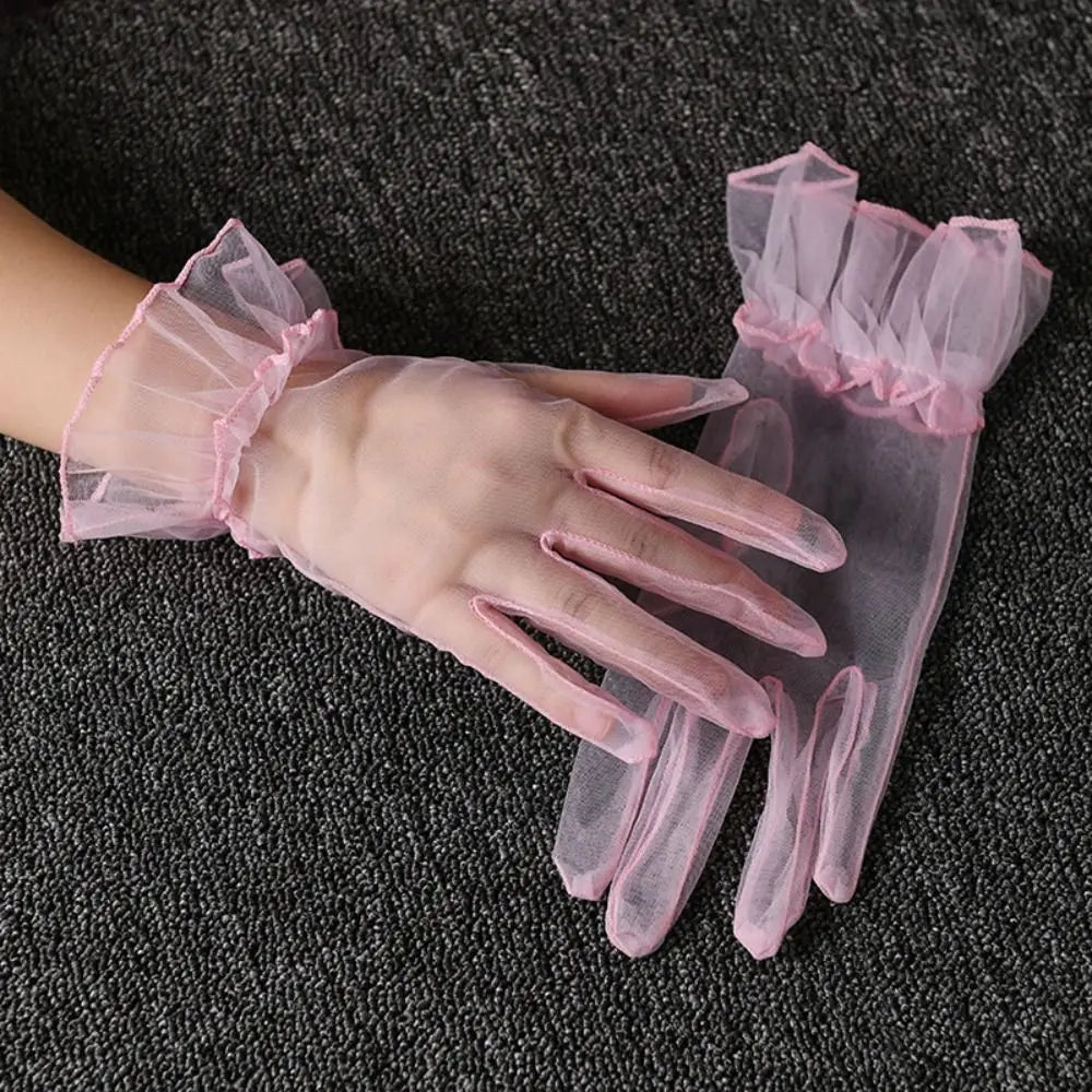 Elastic Transparent Women Tulle Gloves Ultra Thin Short Gauze Lace Vue Pink