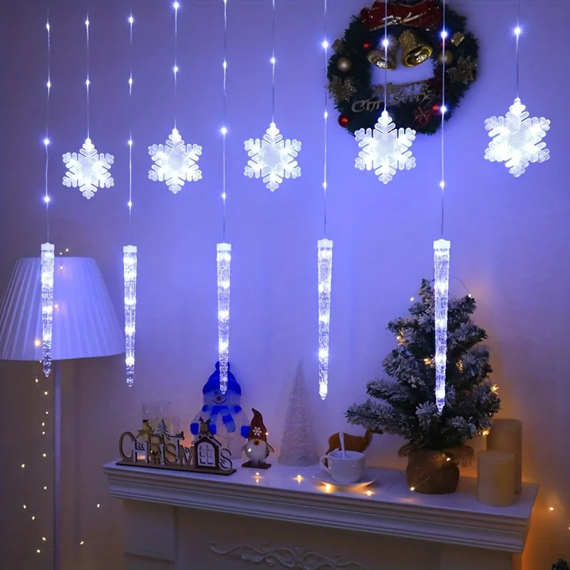 Whimsical Frosty Snowflake Icicle Curtain String Lights, Warm White LED Hanging Lights for Winter Christmas Home Party Decor Vue