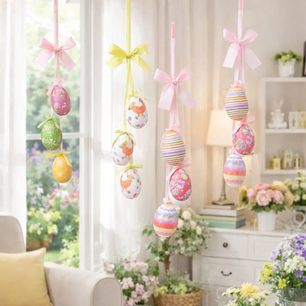 Painted Easter Eggs Hanging Pendant with Bow Rabbit Chick Flower Colorful Eggs String DIY Crafts Foam Eggs Ornaments Vue