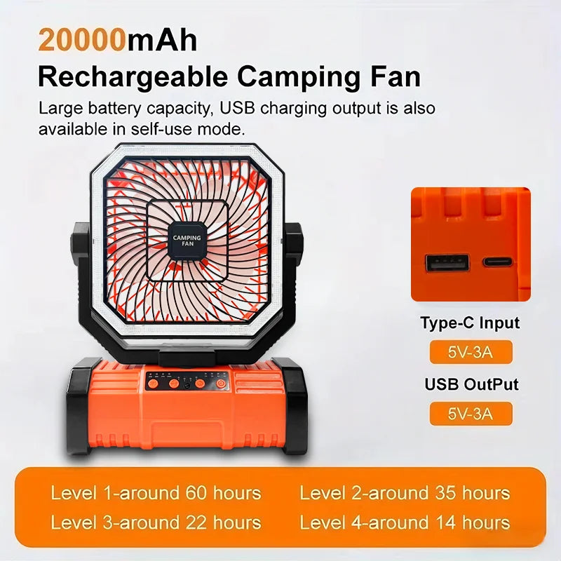 Portable Camping Fan 3-in-1 20000mAh Rechargeable Battery Powered Fan with Light Remote & Hook for Outdoor Travel Camping Tent Vue Orange-Bluetooth