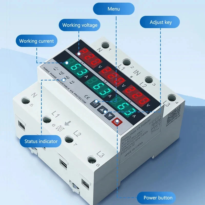 100A 63A 3 Phase Din Rail Phase Selector Adjustable Over and Under Voltage Current Protection Monitor Relays Protector Vue