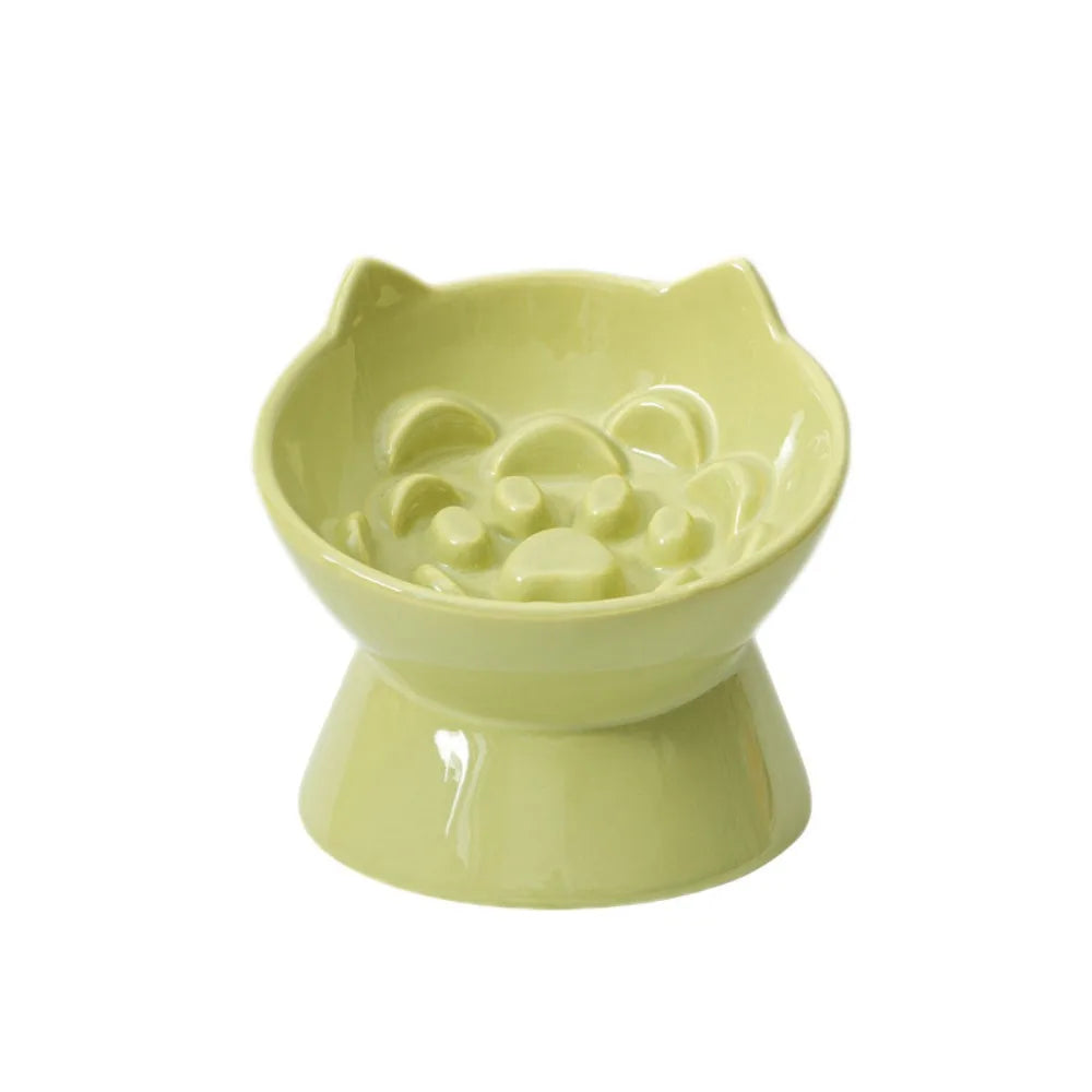 Ceramic Cat Slow Food Bowl Cute Slanted Mouth Dog Feeding Basin Creative Large Capacity Pet High Foot Bowl Kitten Puppy Vue Green