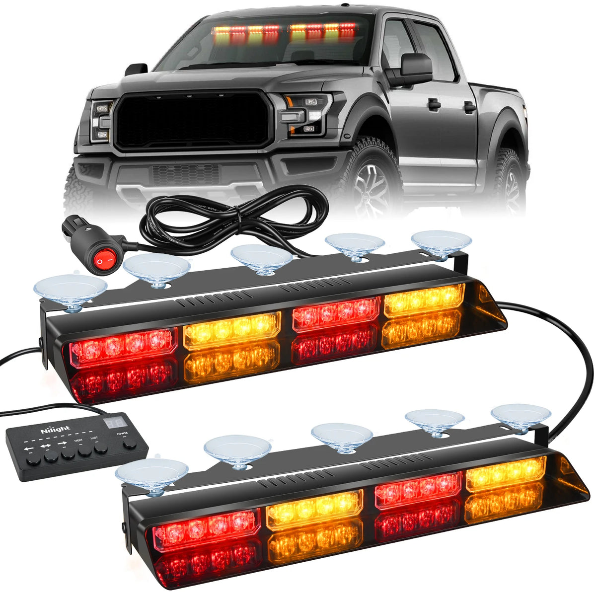 Nilight 32LED Emergency Dash Strobe Lights with Controller Suction Cups Warning Hazard Windshield Deck Split Light Bar for Truck Vue
