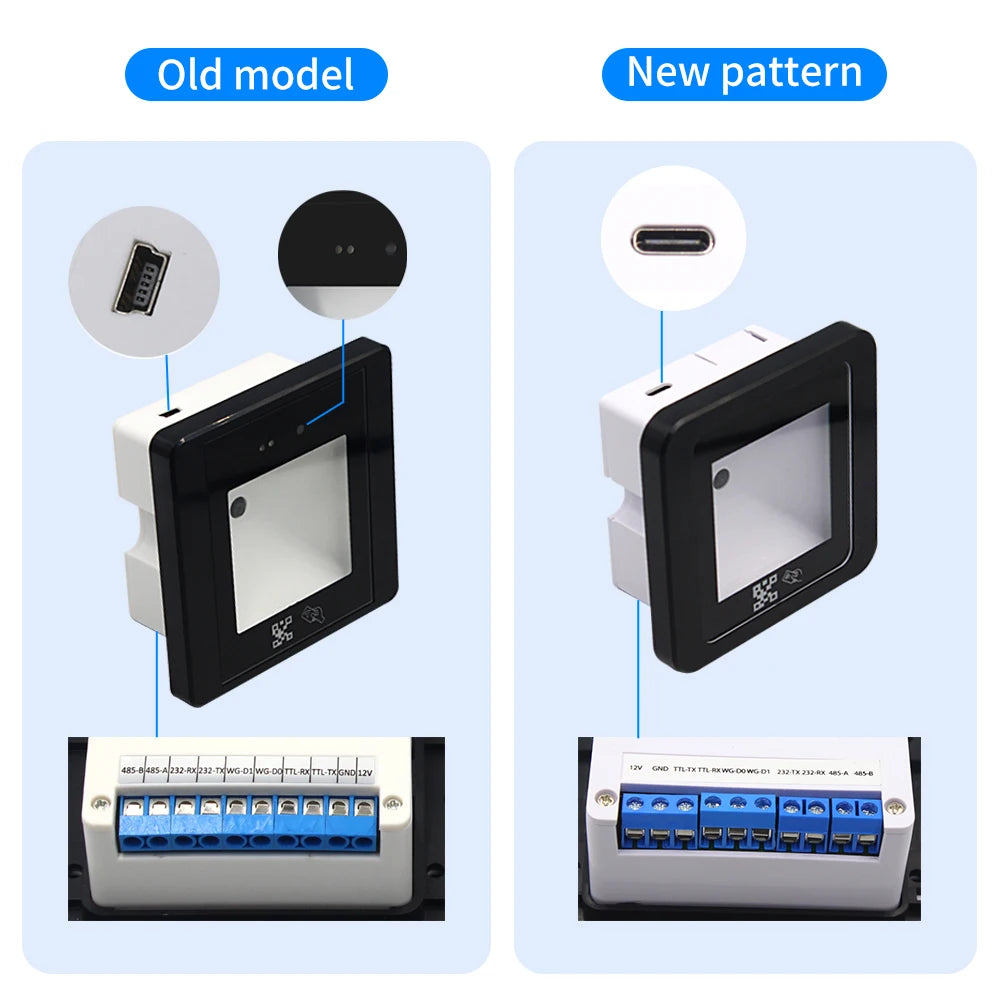 12V RFID Barcode 2D QR Code Reader Access Control Reader Wiegand TTL RS232 RS485 Interface 125Khz/13.56Mhz RFID QRCode Reader Vue