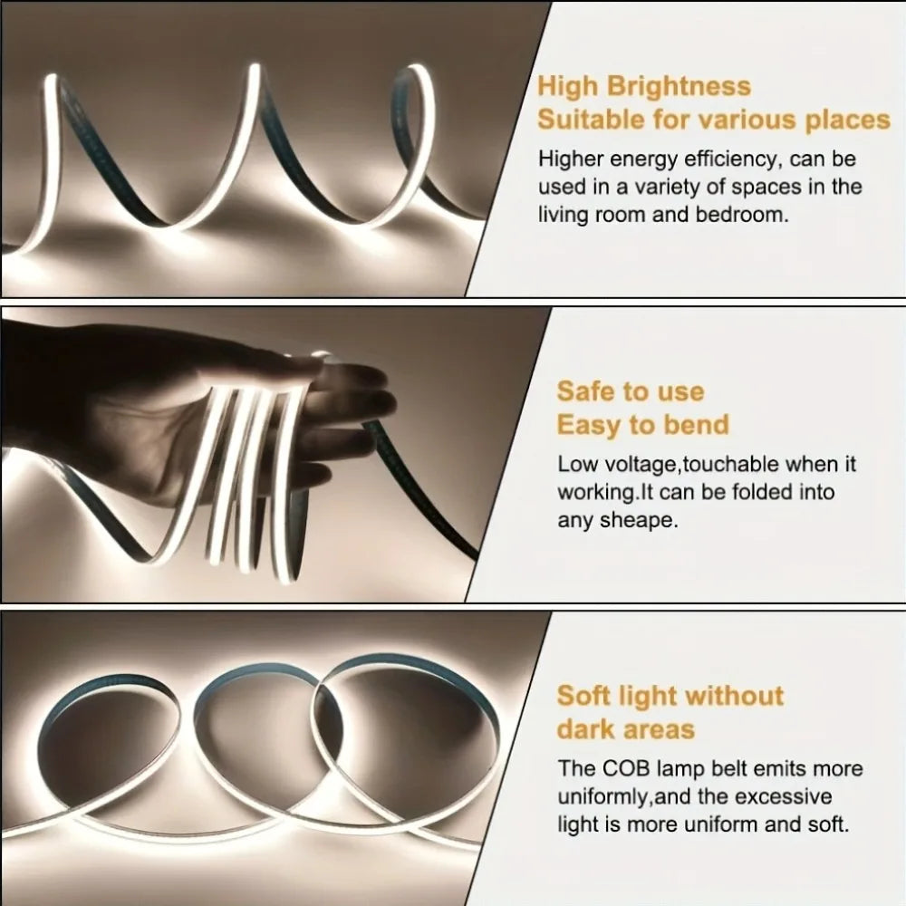 COB LED Lights Touch Dimmer Flexible Diode Tape COB Lights Strip 5V USB Powered for Cabinets TV Backlight Room Decor Vue