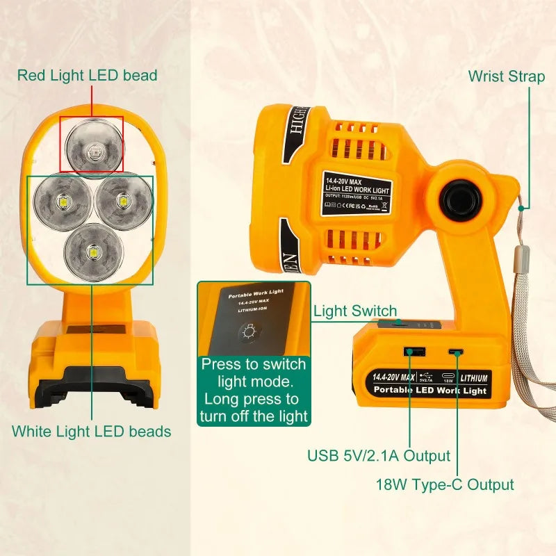 12W Wireless Flashlight Portable Folding Work Light Compatible with For Dewalt 20V Lithium Batteries Handheld Outdoor Spotlight Vue