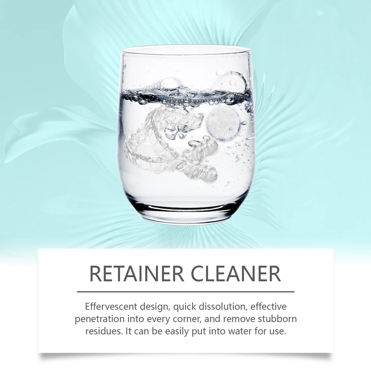Denture & Retainer Cleansing Tablets • Effectively Removes Plaque & Buildup • Deep Stain Cleaning • Gentle Daily Oral Care Vue