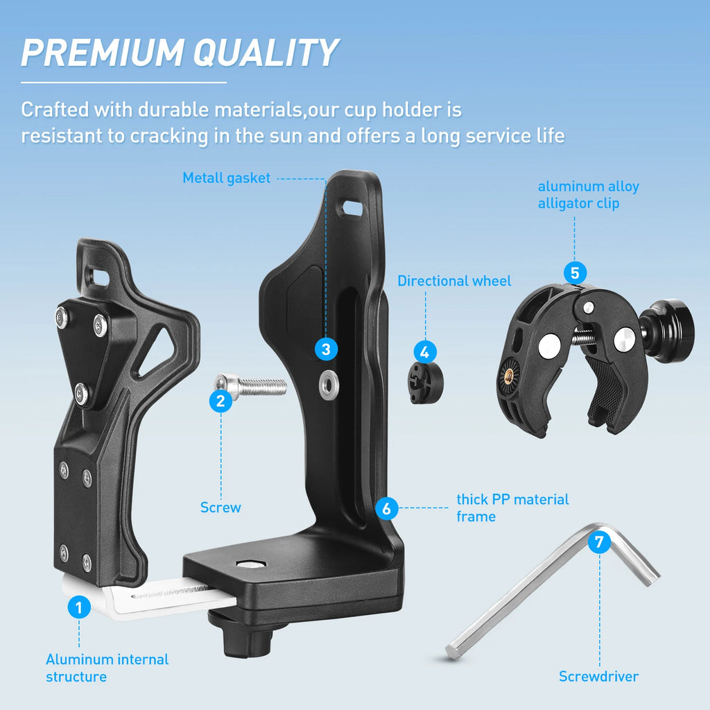 Frokom Motorcycle ATV Cup Holder, Universal Water Bottle Holder with 0.5”- 1.57” Metal Clamp, Upgraded Drink Holder for Motorcycle Bike Baby Stroller Wheelchair Golf Push Cart Marine Boat Tractor Vue