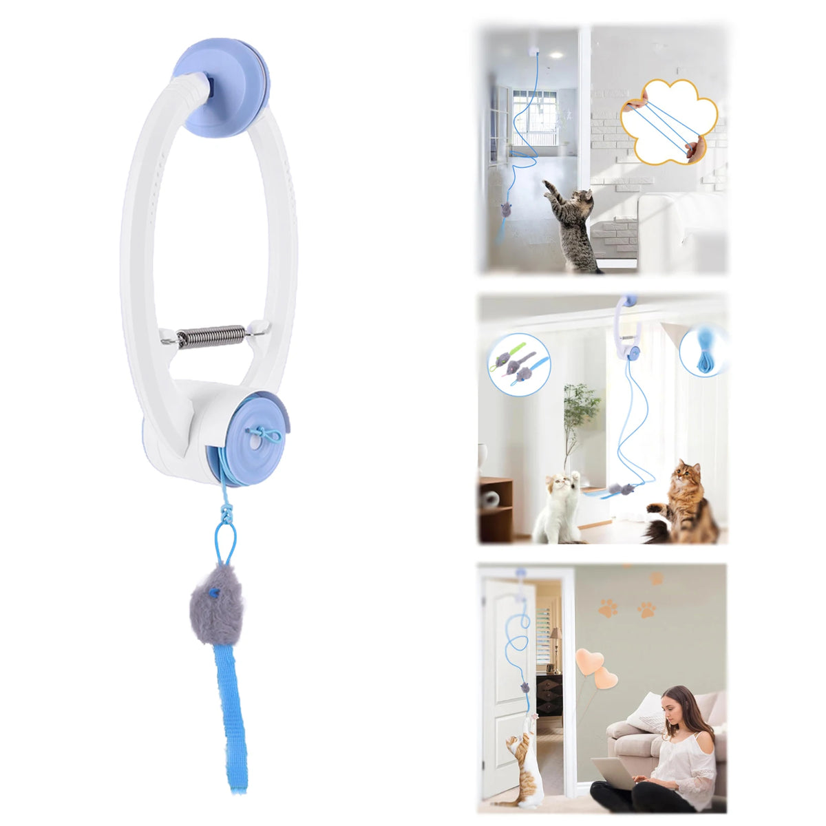 Door Hanging Automatic Retractable Kitten Toys with 3 Catnip Mice Independent Play Hanging Door Cat Toys for Indoor Cats Vue