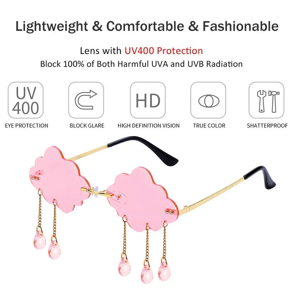 Men Women Shades UV400 Rimless Sunglasses Disco Glasses Clouds Tassel