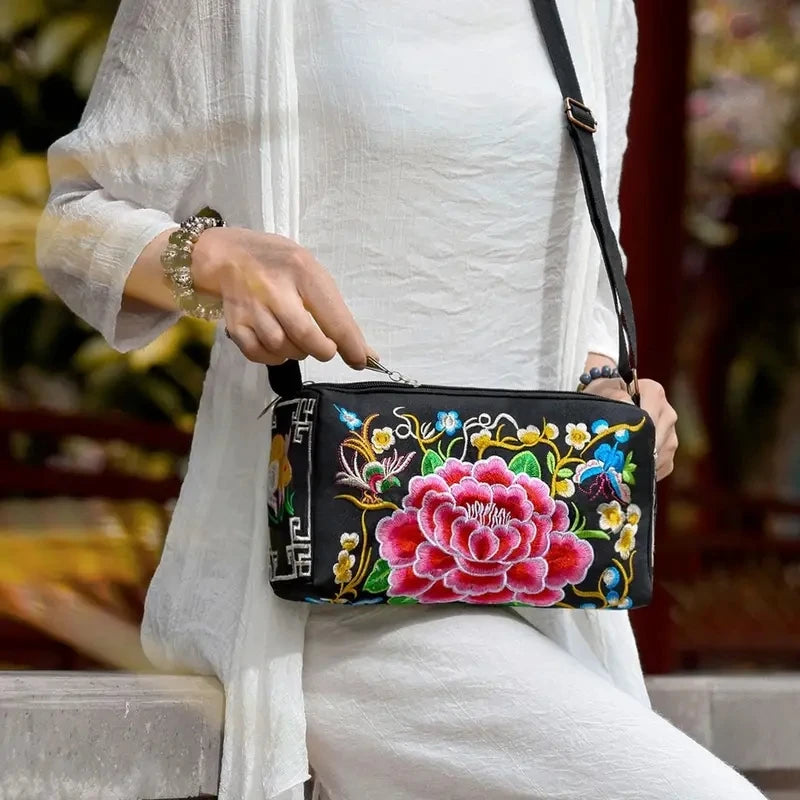 Women's Embroidered Flowers Canvas Shoulder Crossbody Bag Ladies