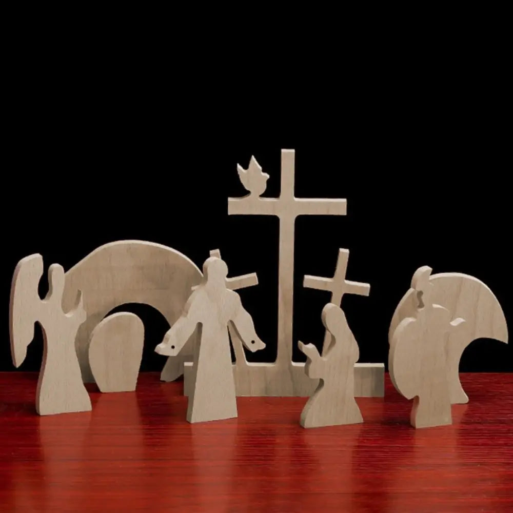 Solid Wood Jesus Resurrection Scene Ornaments with Cross Handmade Easter Empty Tomb Scene Set Simple Style Vue