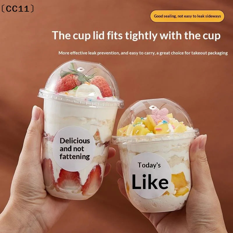 50PCS Disposable Clear Plastic Cup With Hole Dome Lids Juice Salad Dessert Cups Ice Cream Birthday Camping Utensils〔CC11〕 Vue