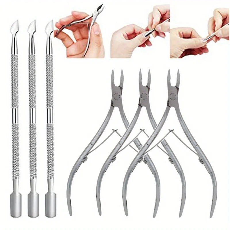 6pcs Nail Art Tool Stainless Steel Double Push Spoon Pusher Cut Nail Cuticle Nipper Dead Skin Scissor Trimmer Remover Clipper Vue Mix-6pcs