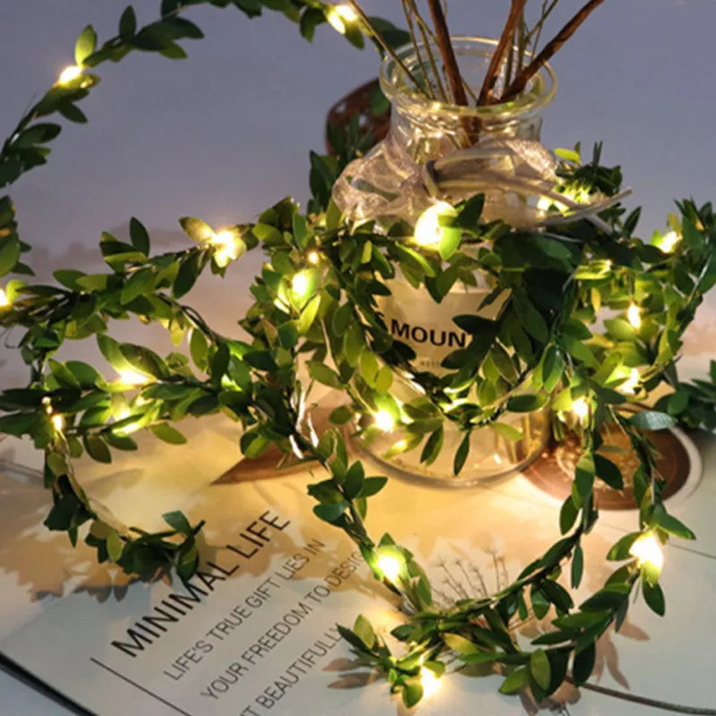 Artificial Green Leaf Led Fairy Lights Garland Christmas Tree Decoration Outdoor Room Curtain Lamp Wedding Party Garden Decor Vue
