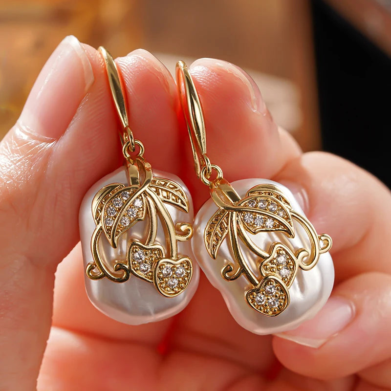 Huitan Pearl & Cubic Zirconia Gold Dangle Drop Earrings Drop Earrings Vue