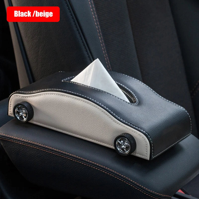 High-end Fashion Pu Leather Car Tissue Box Holder Business Armrest box Tissue Box Cover car Tissue Holder with Magnetic Bottom Vue Black beige