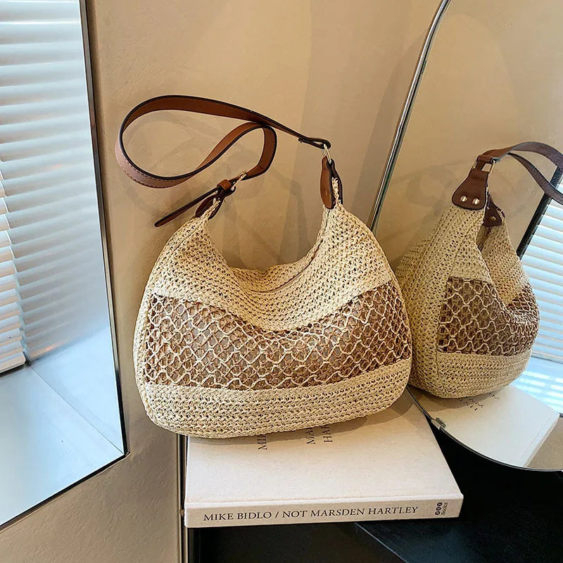 Summer Straw Weaving Shoulder Bag Large Capacity Crochet Beach Vue beige