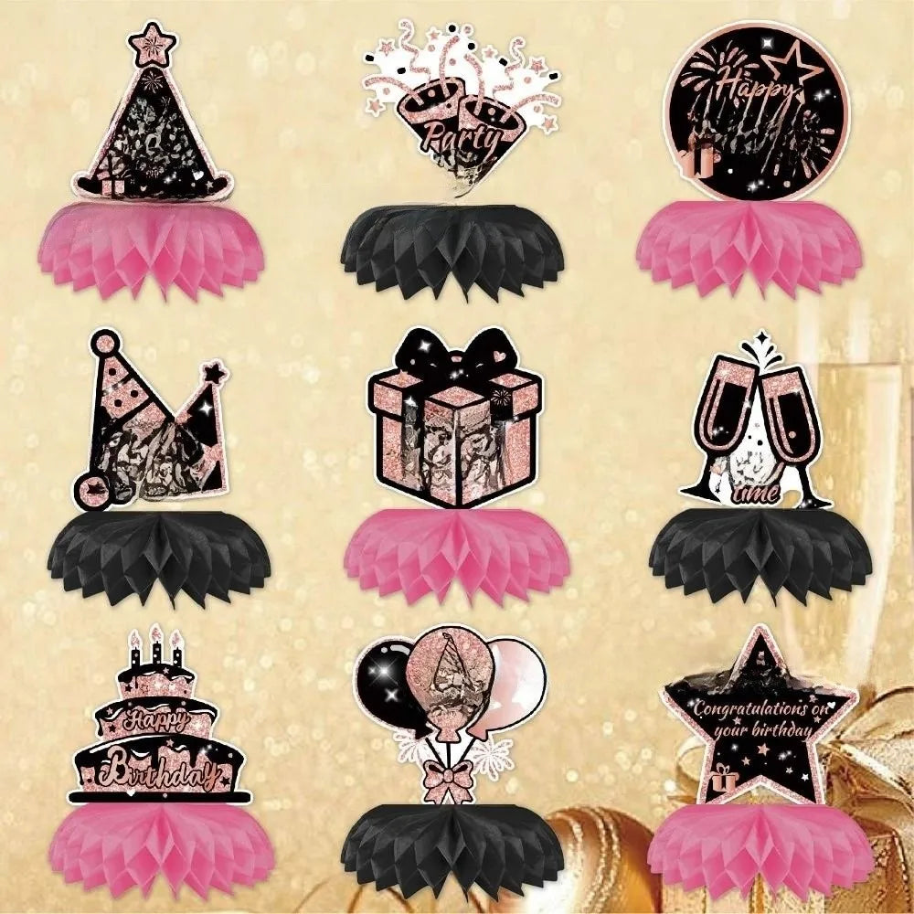 9Pcs/Set Shiny Birthday Paper Honeycomb Decor Vivid Color 3D Party Honeycomb Decorations Foldable Paper Birthday Party Supplies Vue